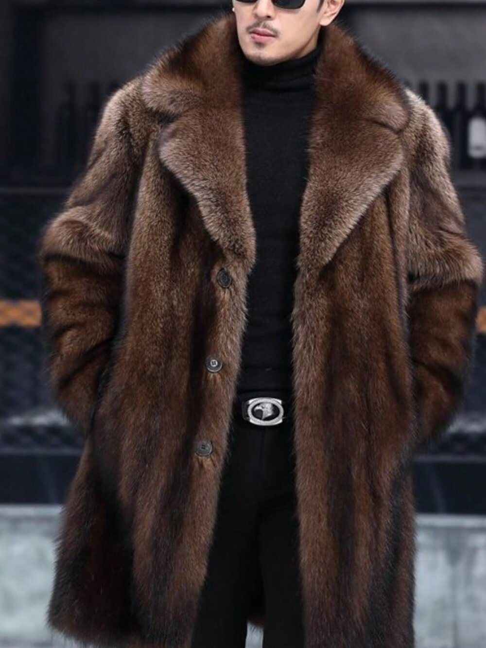 Brown Men's Thick Long Sleeved Mink Faux Fur Long Coat